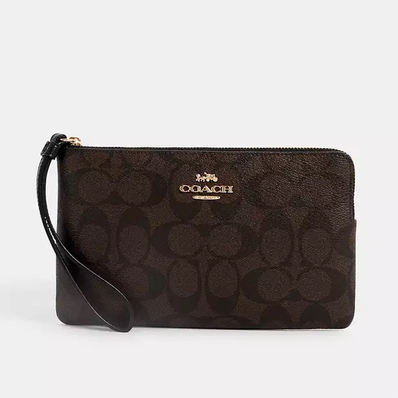 COACH Large Corner Zip Wristlet Signature Canvas Brown Black Gold - Picture 1 of 4